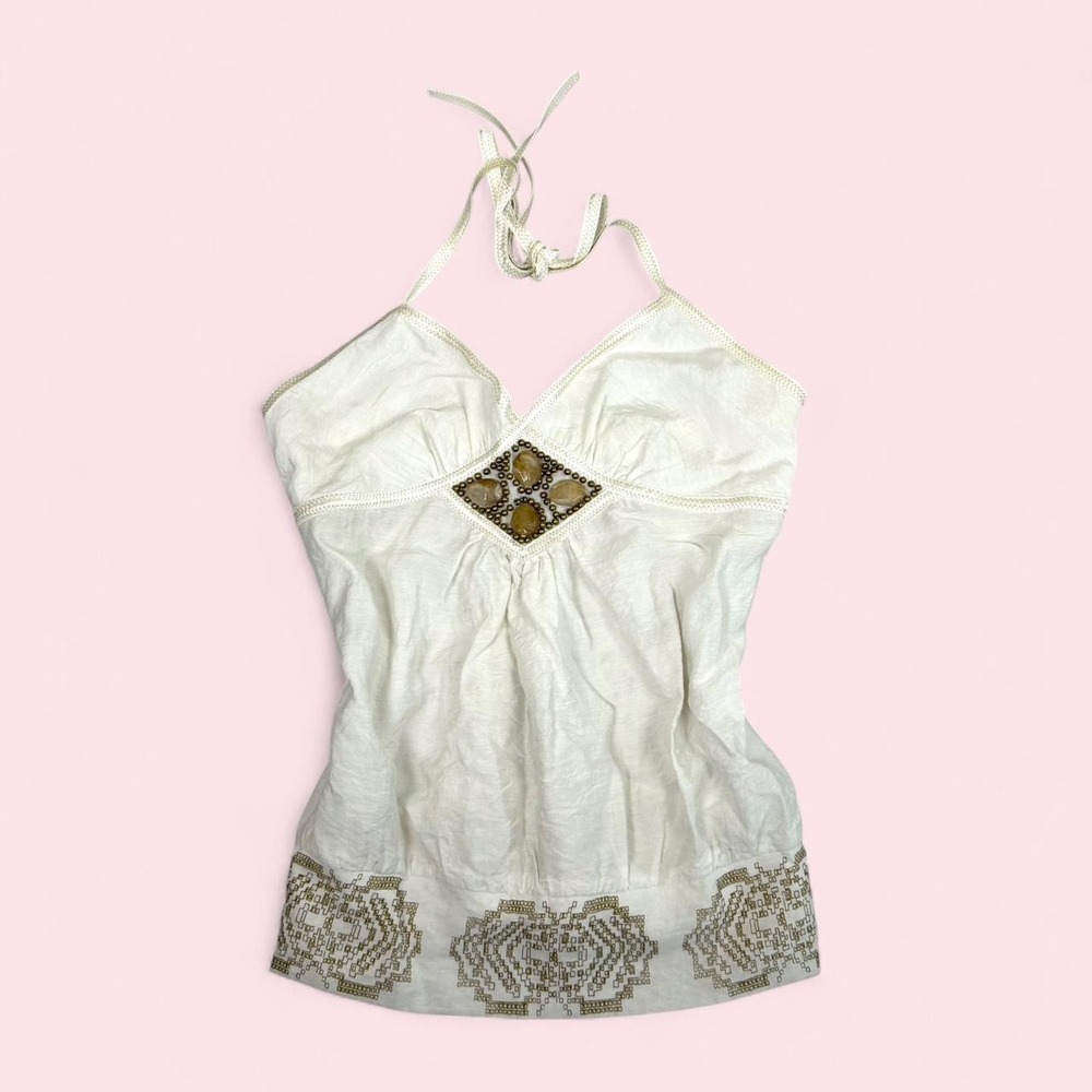 Y2K white & brown beaded babydoll embroidered halter top boho fairy hippie